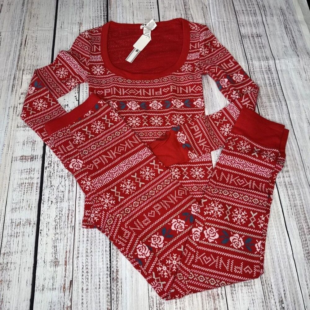 Victoria’s Secret PINK Logo Red Thermal Pajama Set S Fair Isle 2pc Top Bottoms